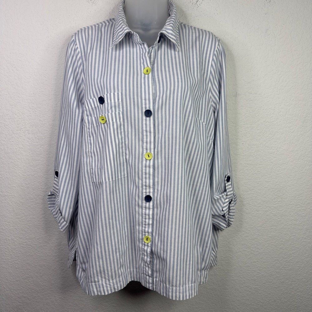 Ali Miles Shirt Womens L Striped Button Artsy Quirky Eccentric Coastal Career‎